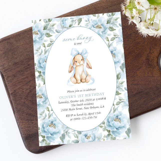 Cute Bunny, Blue Bow, Blue Flowers, First Birthday Invitation (Creator Uploaded)