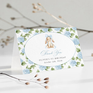 Cute Bunny, Blue Bow, Blue Flowers, First Birthday Thank You Card