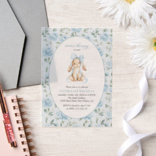 Cute Bunny, Blue Bow, Blue Flowers, First Birthday Vellum Invitations