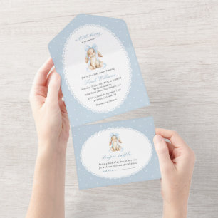 Cute Bunny, Blue Bow, Blue Polka Dots, Baby Shower All In One Invitation