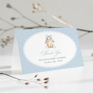 Cute Bunny, Blue Bow, Blue Polka Dots, Baby Shower Thank You Card