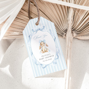 Cute Bunny, Blue Bow, Blue Stripes, Baby Shower Gift Tags