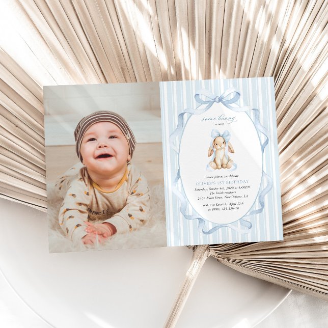 Cute Bunny, Blue Bow, Blue Stripes, First Birthday Invitation (Creator Uploaded)