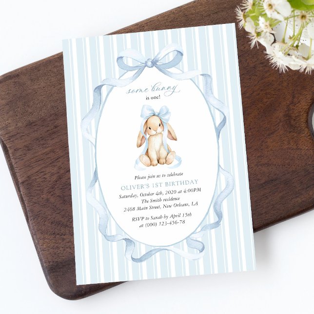 Cute Bunny, Blue Bow, Blue Stripes, First Birthday Invitation (Creator Uploaded)