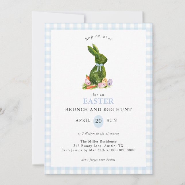 Cute Bunny blue Gingham Easter Brunch and Egg hunt Invitation (Front)