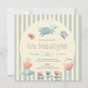 Cute Bunny blue & white striped Easter egg hunt Invitation