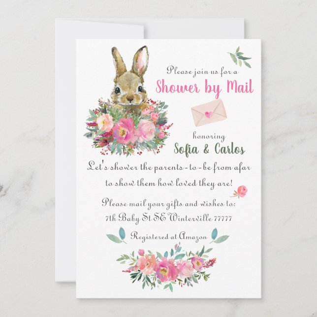Cute Bunny Blush Roses Flowers Baby Shower by Mail Invitation (Front)