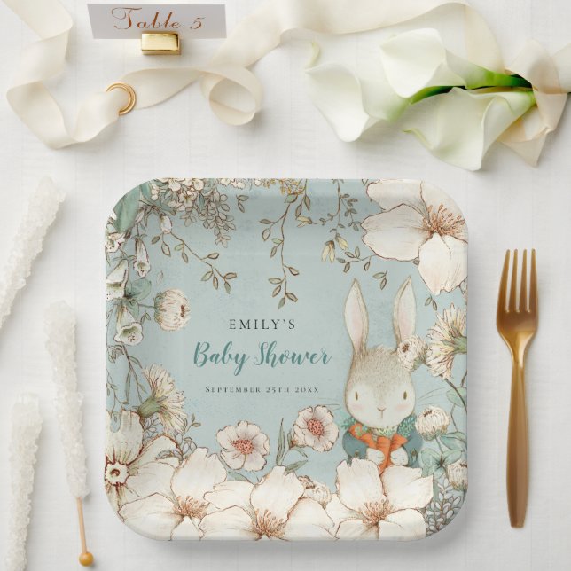 Cute Bunny Botanical Powder Blue Baby Shower Paper Plate (Wedding)