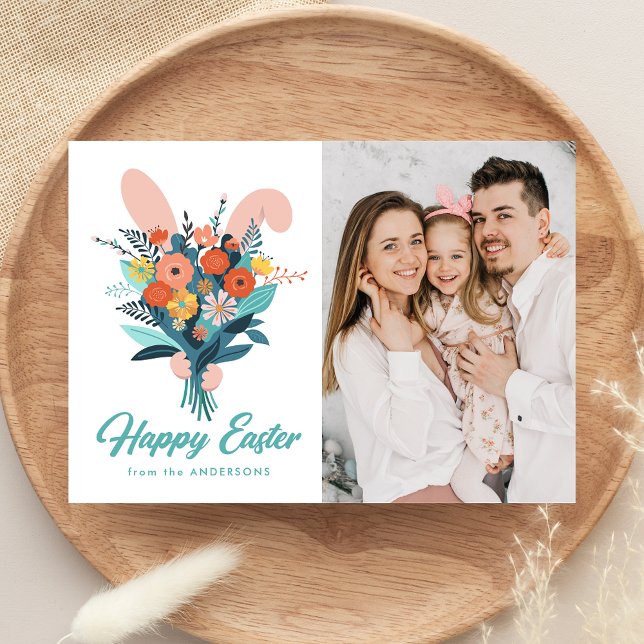 Cute Bunny Bouquet Easter Photo Holiday Card (Creator Uploaded)