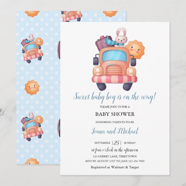Cute Bunny Boy Baby Shower  Invitation (Front/Back)