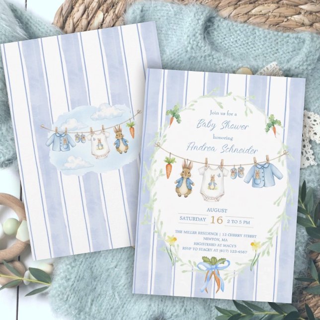 Cute Bunny Boy Clothesline Baby Shower Invitation (Creator Uploaded)