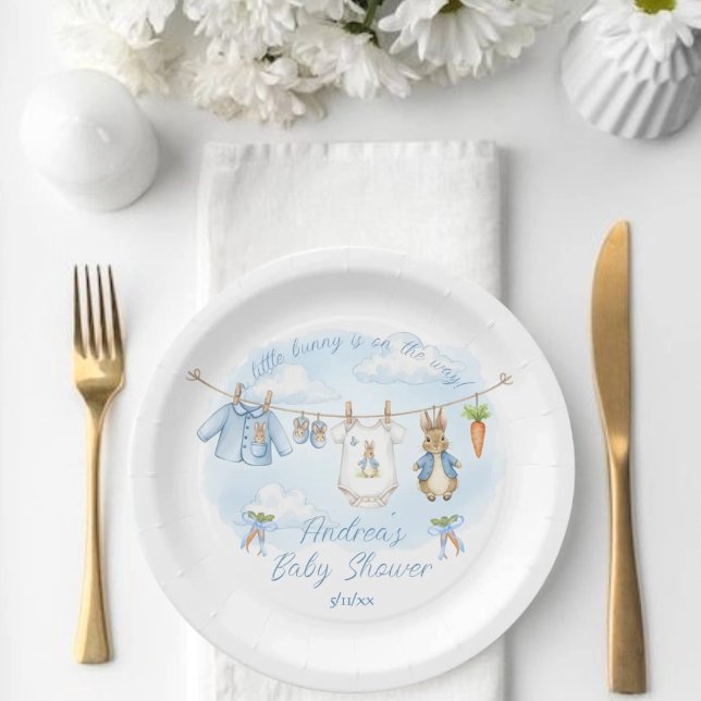 Cute Bunny Boy Clothesline Baby Shower Paper Plate (Creator Uploaded)