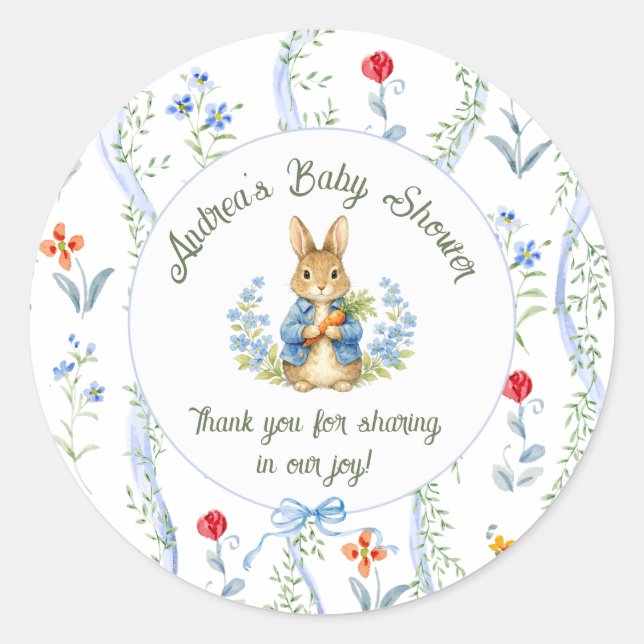 Cute Bunny Boy Floral Blue Bow Baby Shower  Classic Round Sticker (Front)
