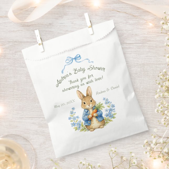 Cute Bunny Boy Floral Blue Bow Baby Shower  Favour Bag (Clipped)