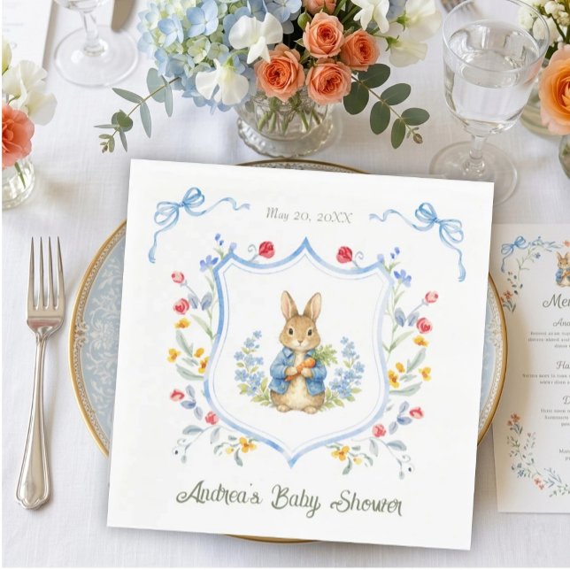 Cute Bunny Boy Floral Blue Bow Baby Shower  Napkin (Creator Uploaded)