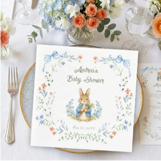 Cute Bunny Boy Floral Blue Bow Baby Shower  Napkin