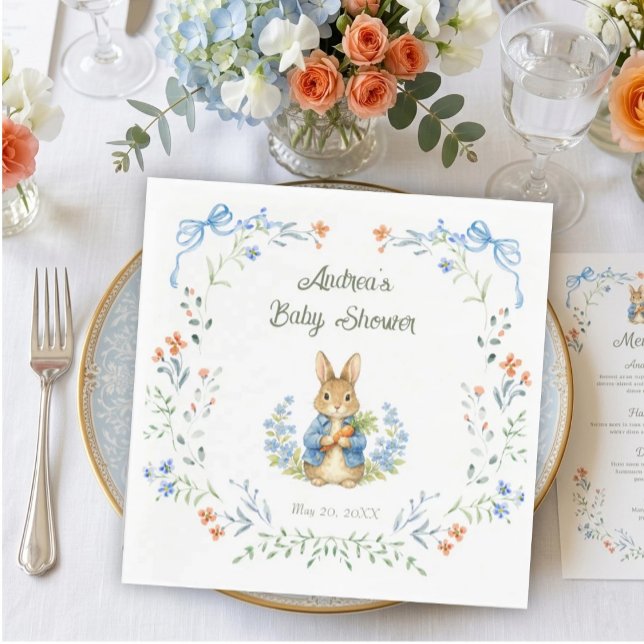 Cute Bunny Boy Floral Blue Bow Baby Shower  Napkin (Creator Uploaded)