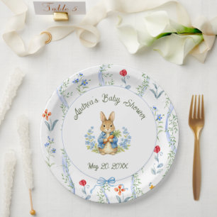 Cute Bunny Boy Floral Blue Bow Baby Shower Paper Plate