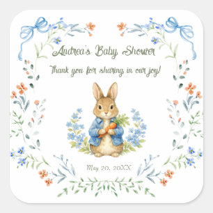 Cute Bunny Boy Floral Blue Bow Baby Shower Thanks Square Sticker