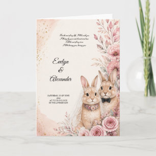 Cute Bunny Bride and Groom Pink Floral Gold Weddin Card