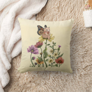 Cute Bunny Butterfly Floral Garden Illustration Throw Pillow