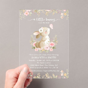 Cute Bunny, Butterfly, Pink Flowers, Baby Shower Acrylic Invitations
