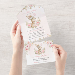 Cute Bunny, Butterfly, Pink Flowers, Baby Shower All In One Invitation