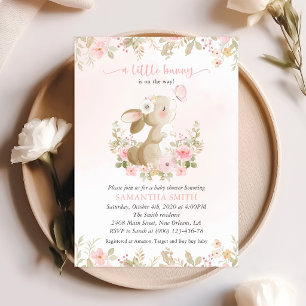 Cute Bunny, Butterfly, Pink Flowers, Baby Shower Invitation