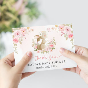 Cute Bunny, Butterfly, Pink Flowers, Baby Shower Thank You Card