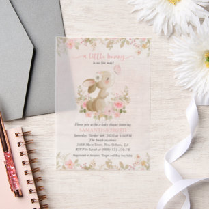 Cute Bunny, Butterfly, Pink Flowers, Baby Shower Vellum Invitations