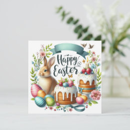 Cute Bunny Cake Eggs Illustration Easter Holiday Card