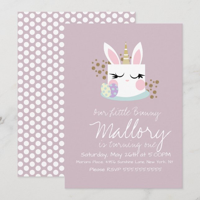 Cute Bunny Cake Unicorn Easter 1st Birthday Party  Invitation (Front/Back)