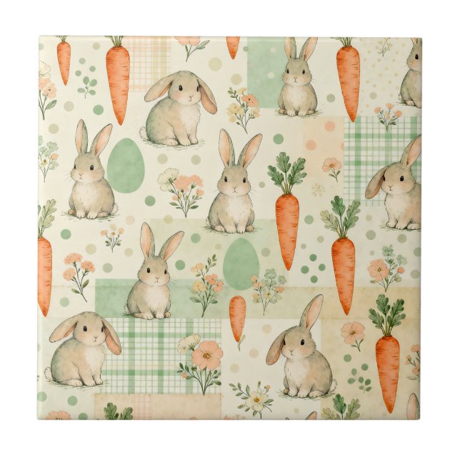 Cute Bunny & Carrot Cottage Pattern (1) Tile (Front)
