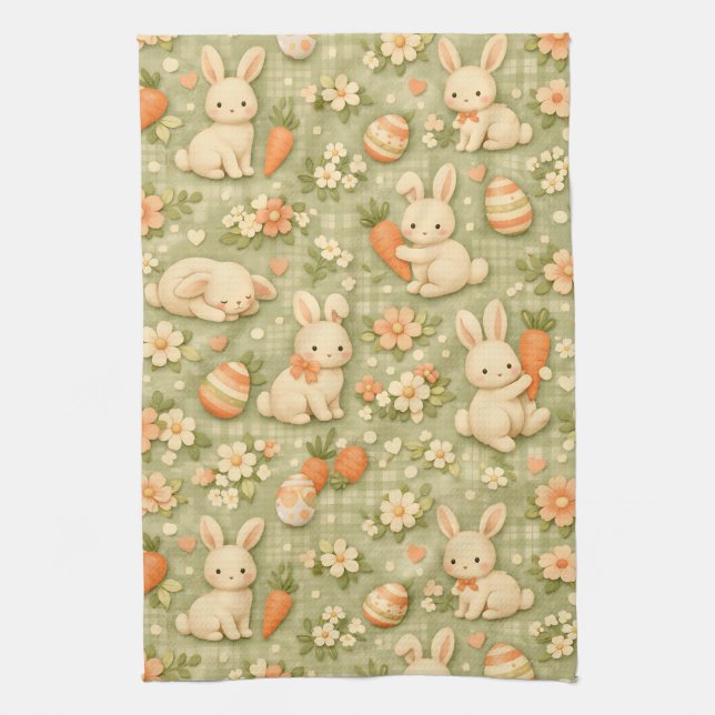 Cute Bunny & Carrot Cottage Pattern (2) Kitchen Towel (Vertical)