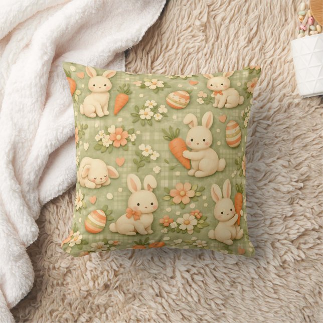 Cute Bunny & Carrot Cottage Pattern (2) Throw Pillow (Blanket)