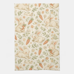 Cute Bunny & Carrot Cottage Pattern (3) Kitchen Towel