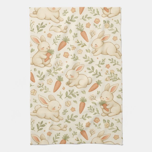 Cute Bunny & Carrot Cottage Pattern (3) Kitchen Towel (Vertical)