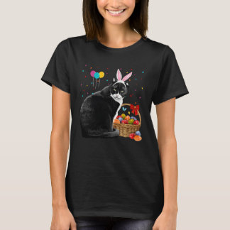 Cute Bunny Cat With Easter Egg Basket Happy Easter T-Shirt