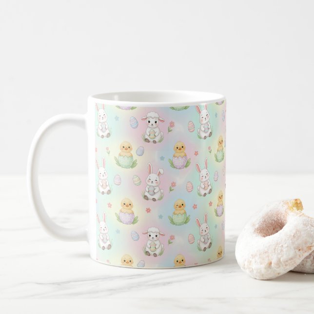 Cute Bunny Chick & Lamb Easter Pattern Coffee Mug (With Donut)