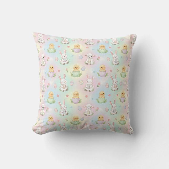 Cute Bunny Chick & Lamb Easter Pattern Throw Pillow (Front)