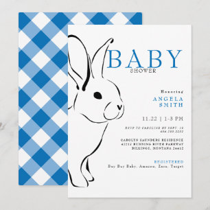 Cute Bunny Cobalt Blue Gingham Baby Shower Invitation