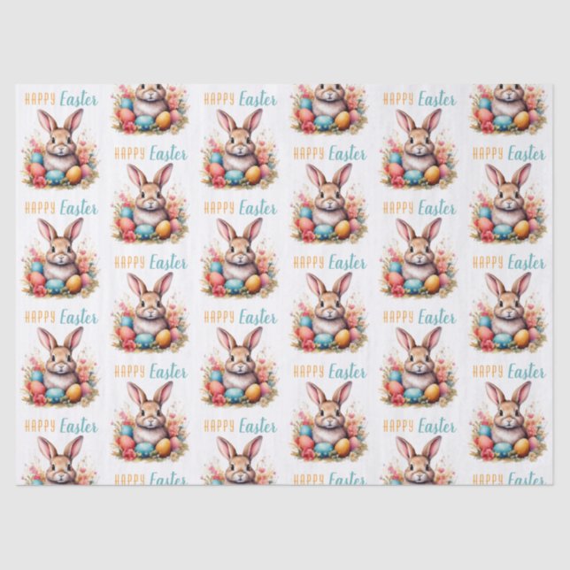 Cute Bunny Colorful Eggs Flowers Happy Easter Tissue Paper (Front)