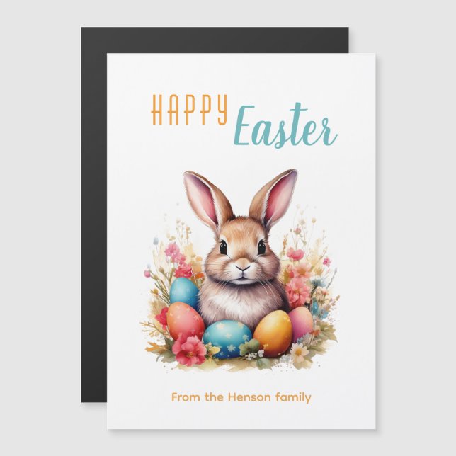 Cute Bunny Colourful Eggs Flowers Happy Easter (Front/Back)