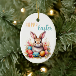 Cute Bunny Colourful Eggs Flowers Happy Easter Ceramic Ornament