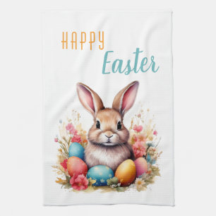 Cute Bunny Colourful Eggs Flowers Happy Easter Kitchen Towel