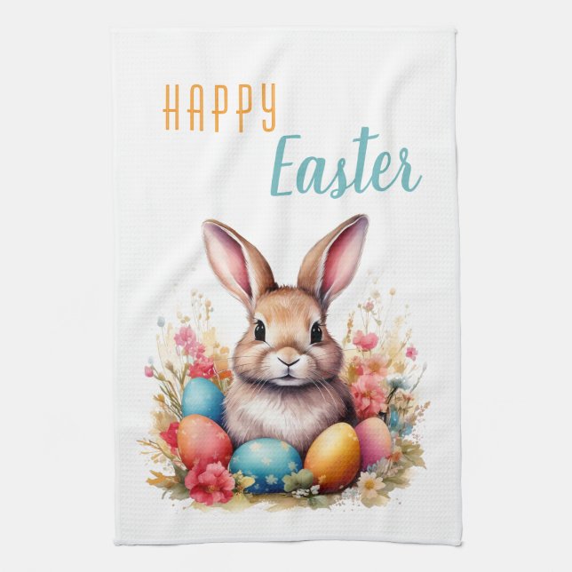 Cute Bunny Colourful Eggs Flowers Happy Easter Kitchen Towel (Vertical)