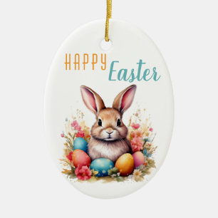 Cute Bunny Colourful Eggs Flowers Photo Easter Ceramic Ornament
