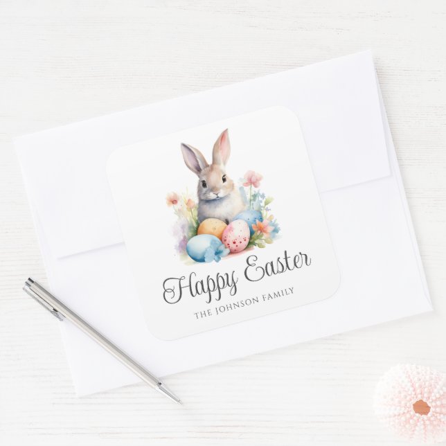 Cute Bunny Colourful Happy Easter Square Sticker (Envelope)