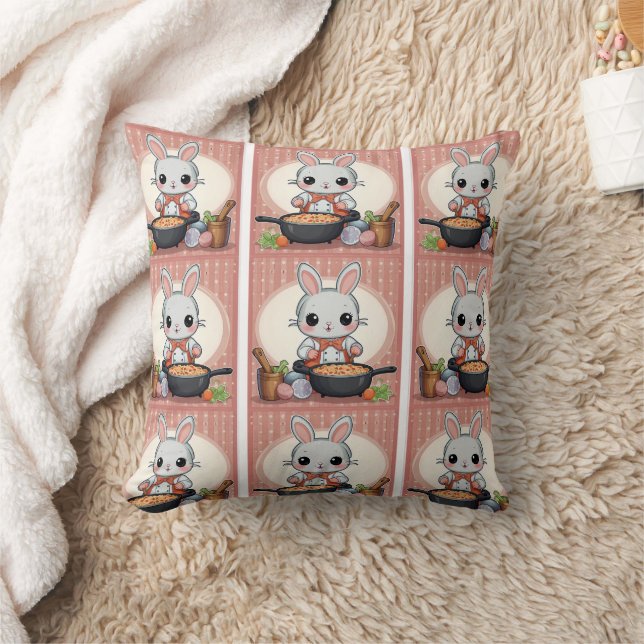 Cute Bunny Cooking Print Throw Pillow (Blanket)