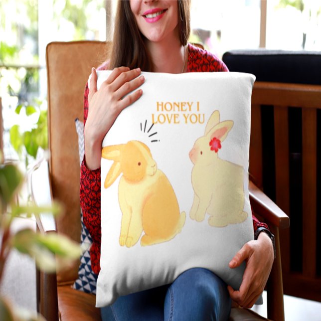 Cute Bunny Couple Love Quote - "Honey I Love You"  Throw Pillow (Creator Uploaded)